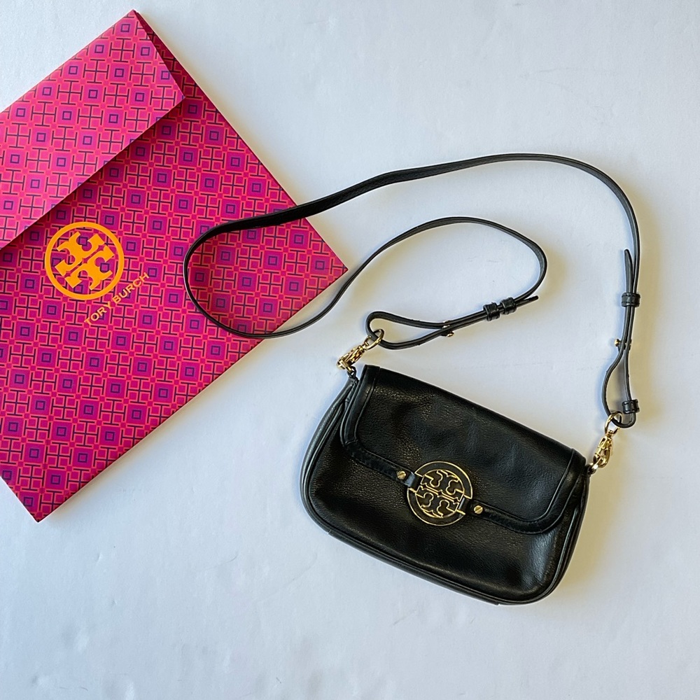 Tory Burch Black Leather Crossbody with Gold Logo